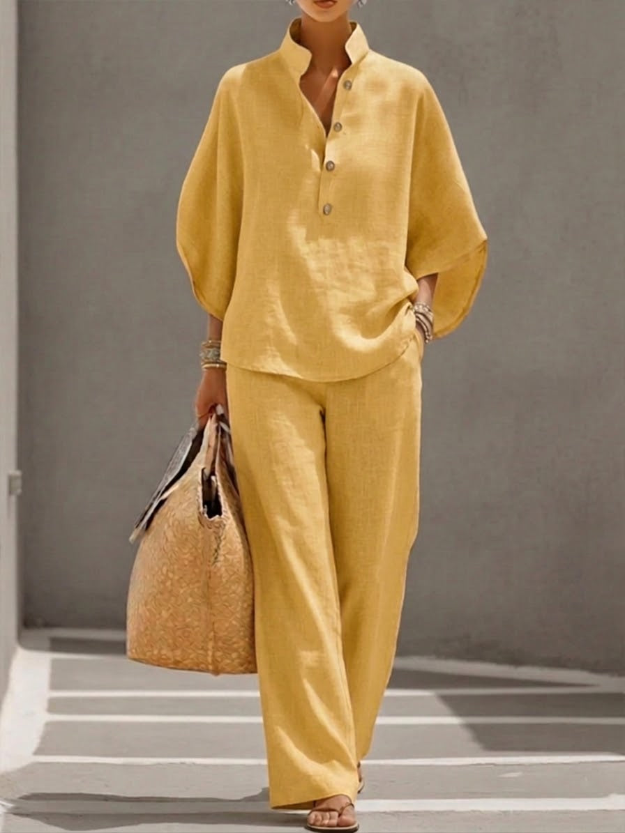 Women's Linen Two Piece Set High Waist Wide Leg Trousers and Button Top Pants Suit