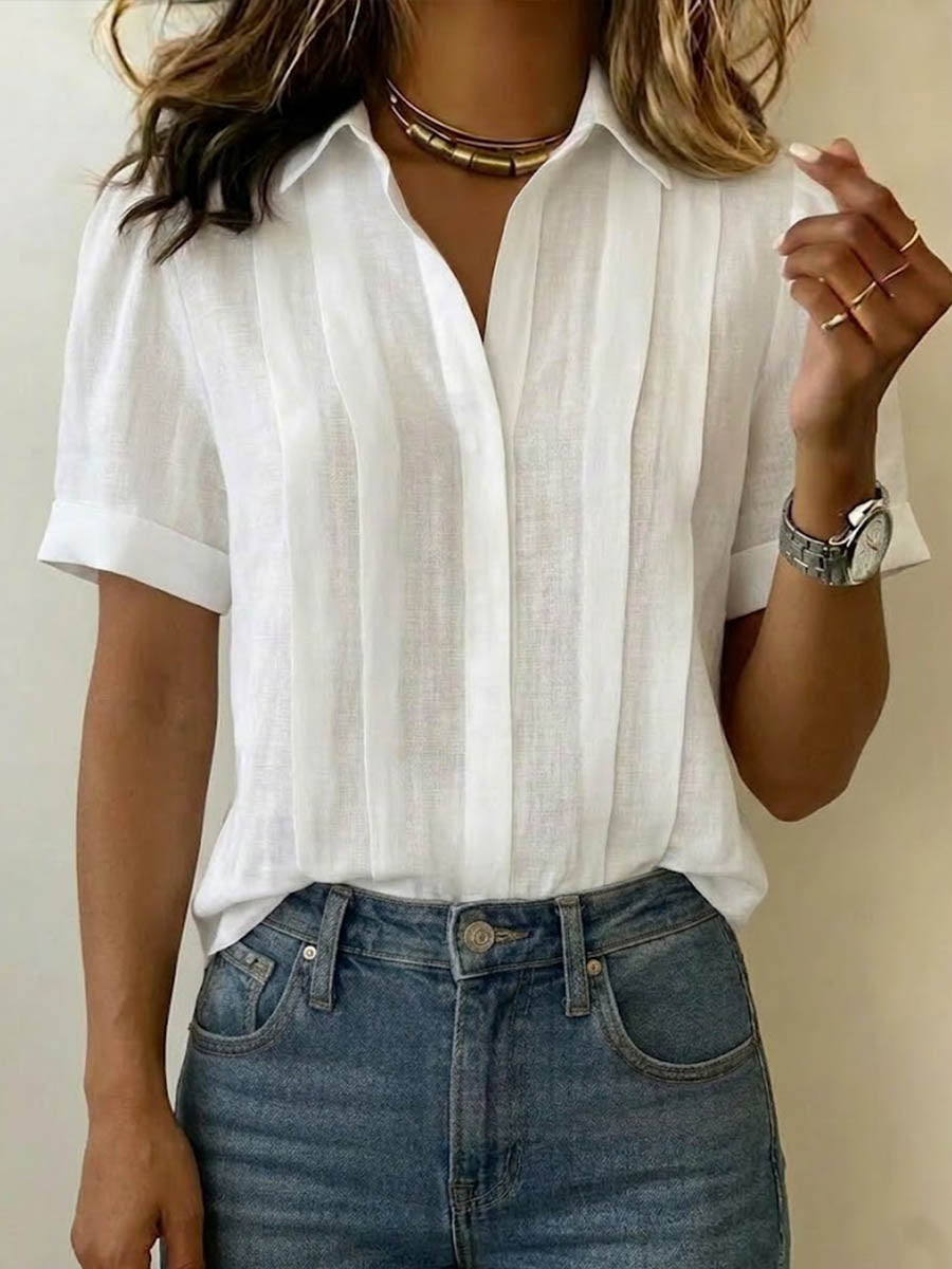 Women's Linen Blouse V Neck Short Sleeve Casual Shirt