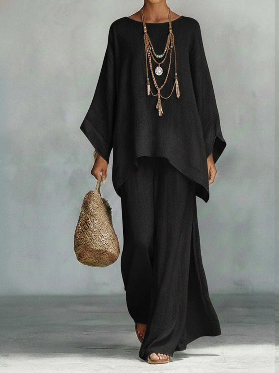 Women's Linen Two Piece Set Loose Fit Batwing Top and Wide Leg Trousers