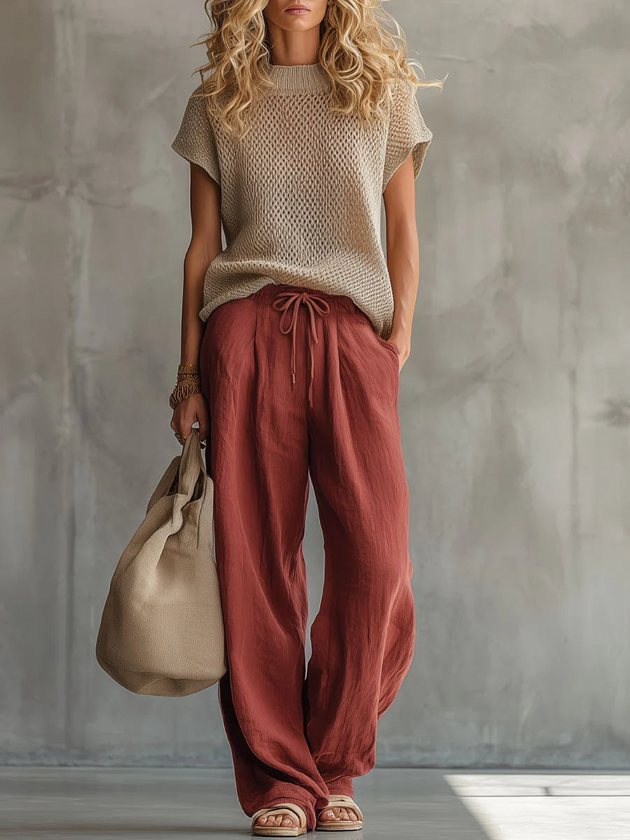 Women's Relaxed Knit Top and Wide Leg Linen Pants Set