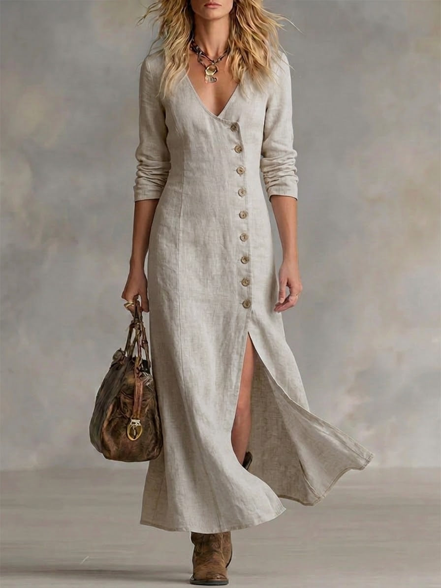 Women's Linen Blend V-Neck Split Hem Maxi Dress