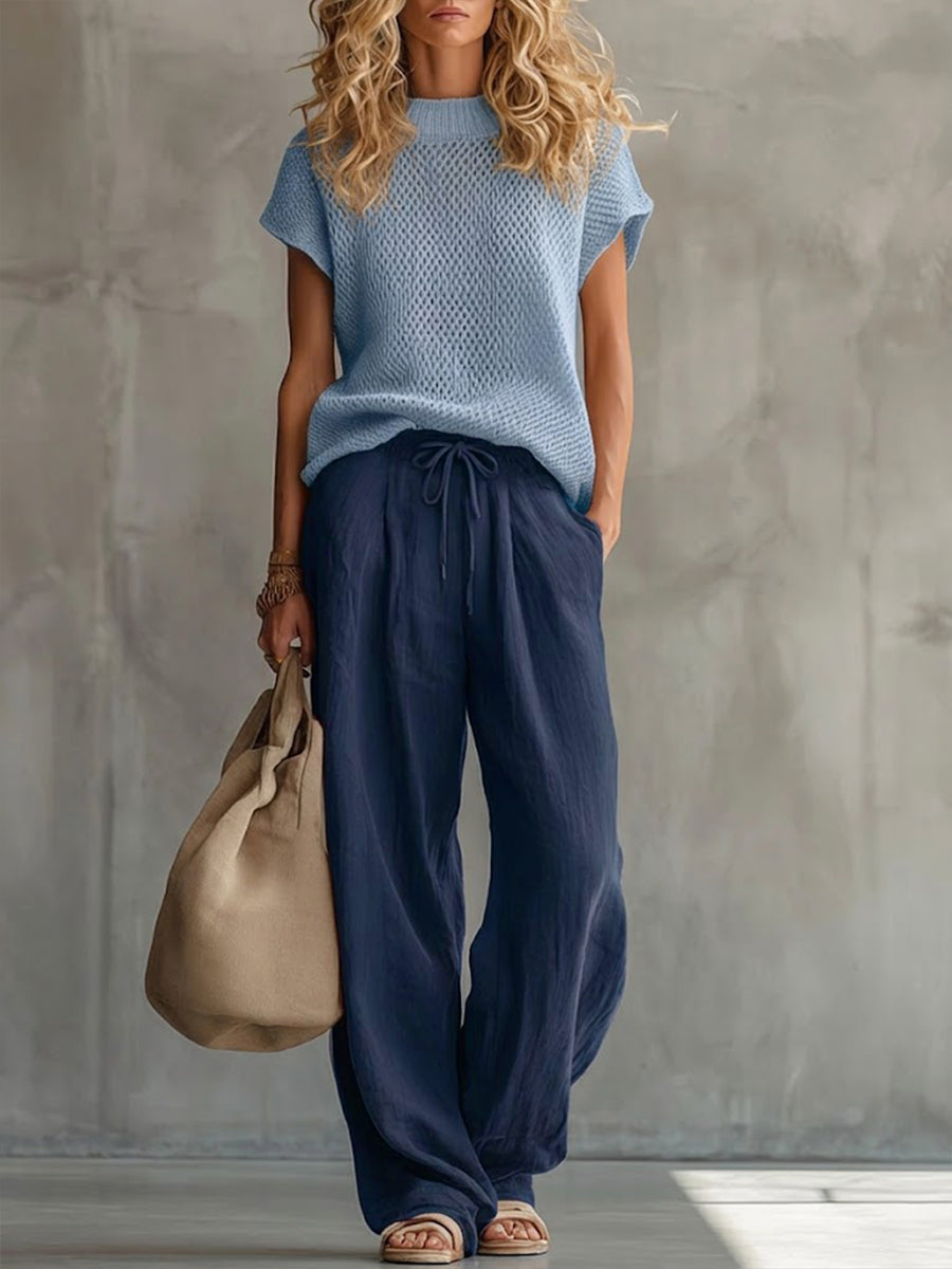 Women's Relaxed Knit Top and Wide Leg Linen Pants Set
