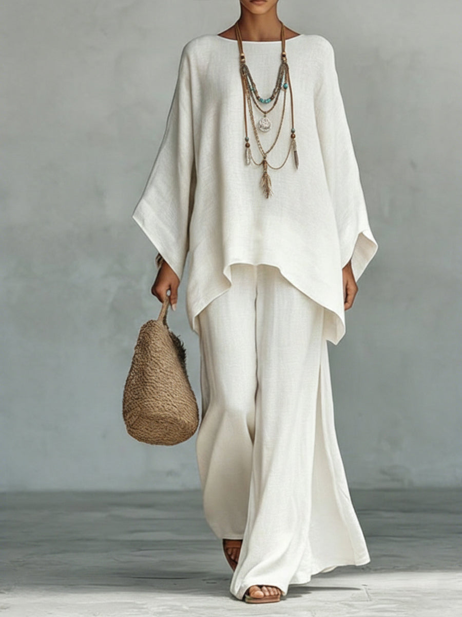 Women's Linen Two Piece Set Loose Fit Batwing Top and Wide Leg Trousers