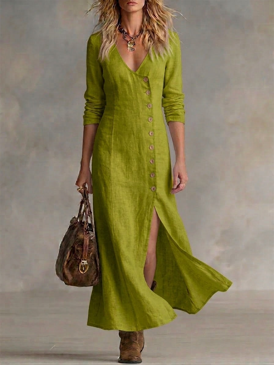 Women's Linen Blend V-Neck Split Hem Maxi Dress