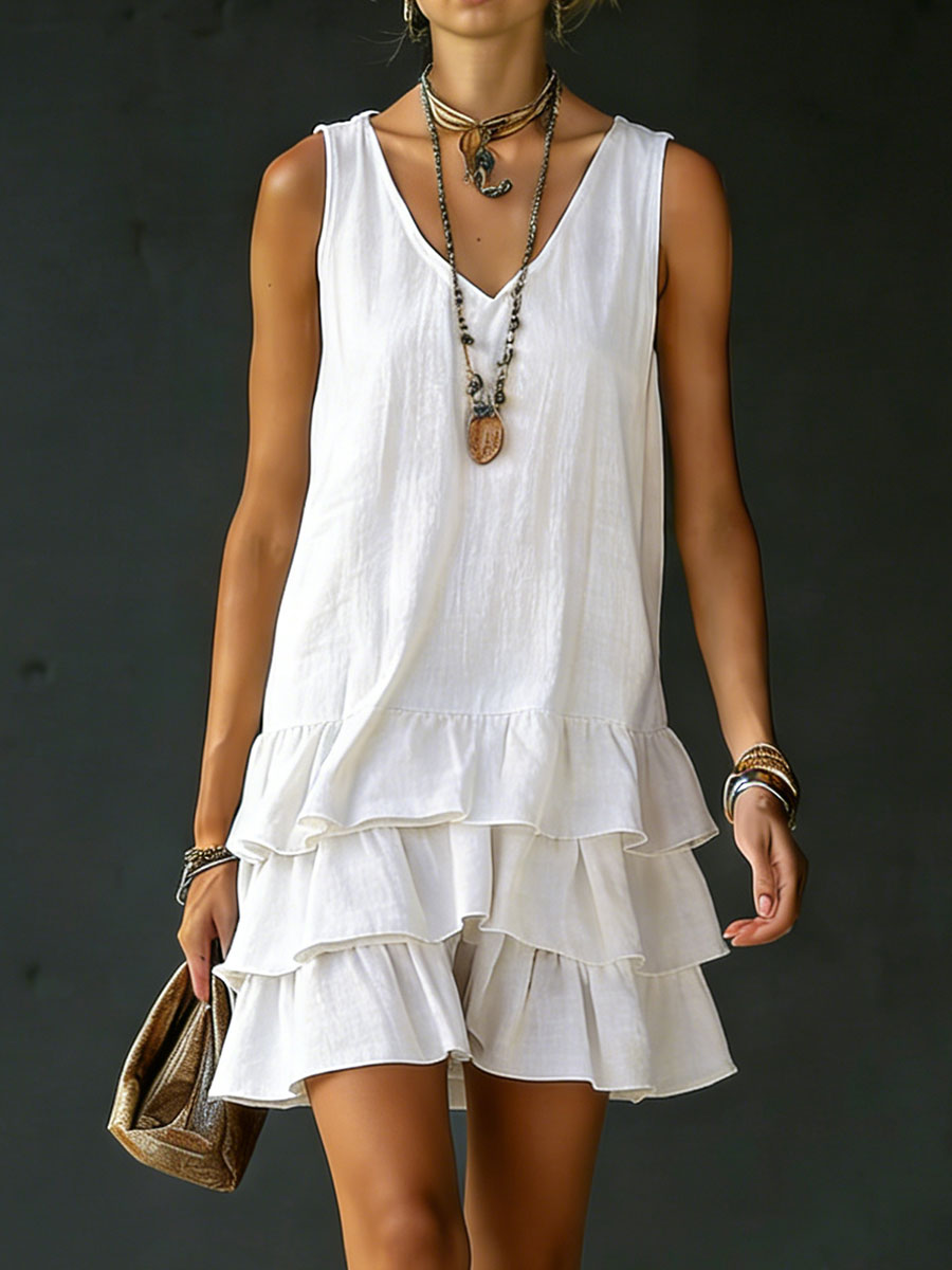 Women's Linen V-Neck Ruffle Hem Sleeveless Tunic Dress