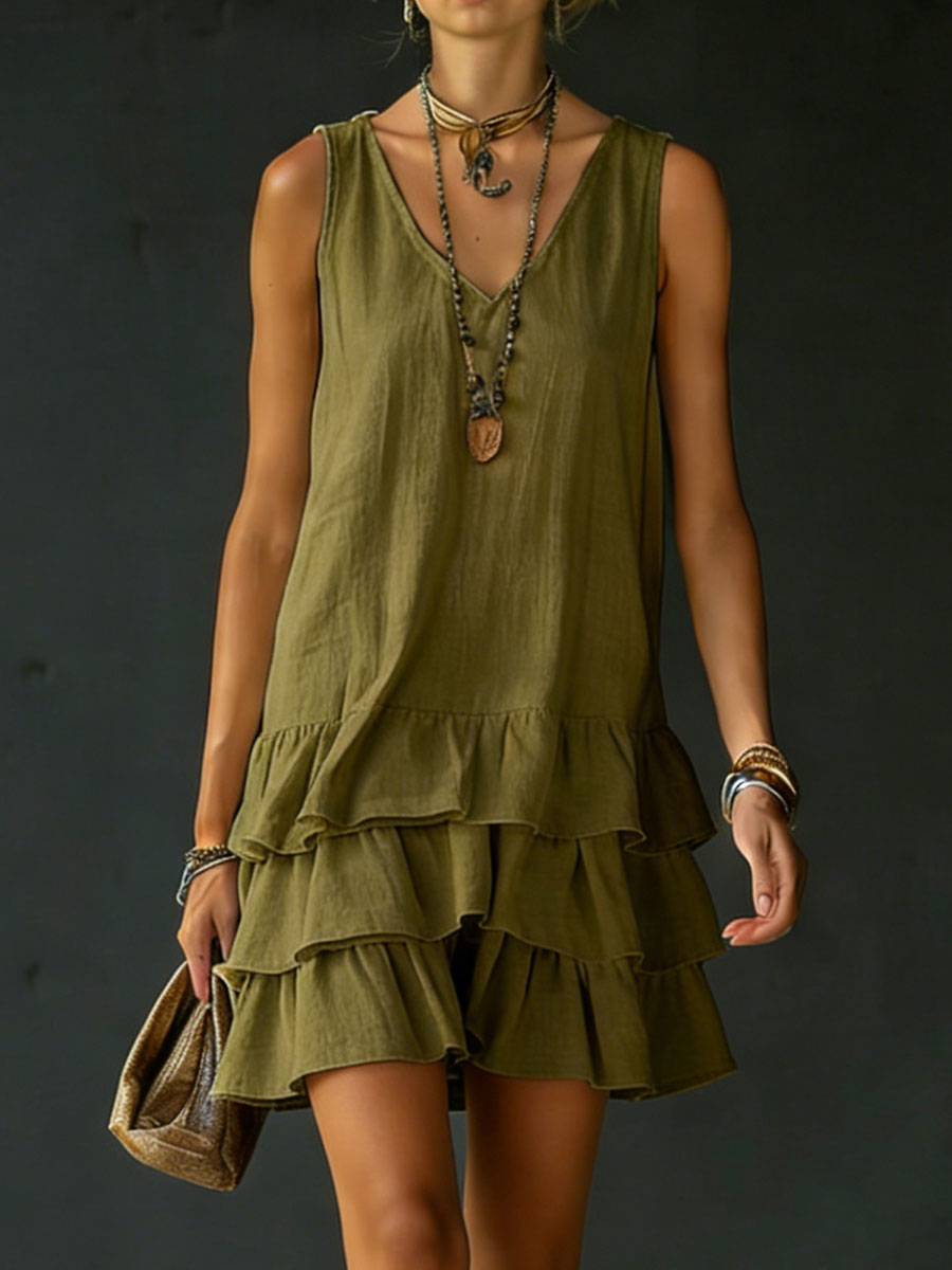 Women's Linen V-Neck Ruffle Hem Sleeveless Tunic Dress