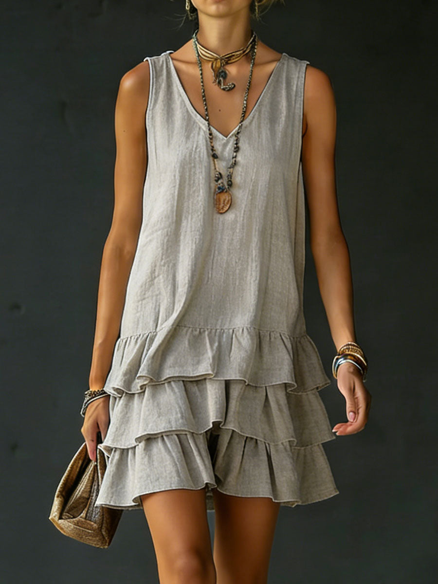 Women's Linen V-Neck Ruffle Hem Sleeveless Tunic Dress