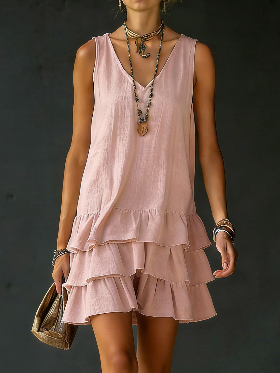 Women's Linen V-Neck Ruffle Hem Sleeveless Tunic Dress