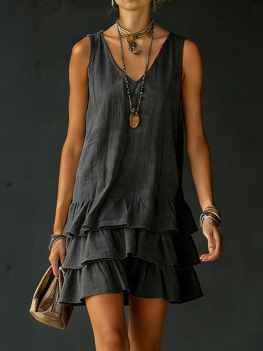 Women's Linen V-Neck Ruffle Hem Sleeveless Tunic Dress