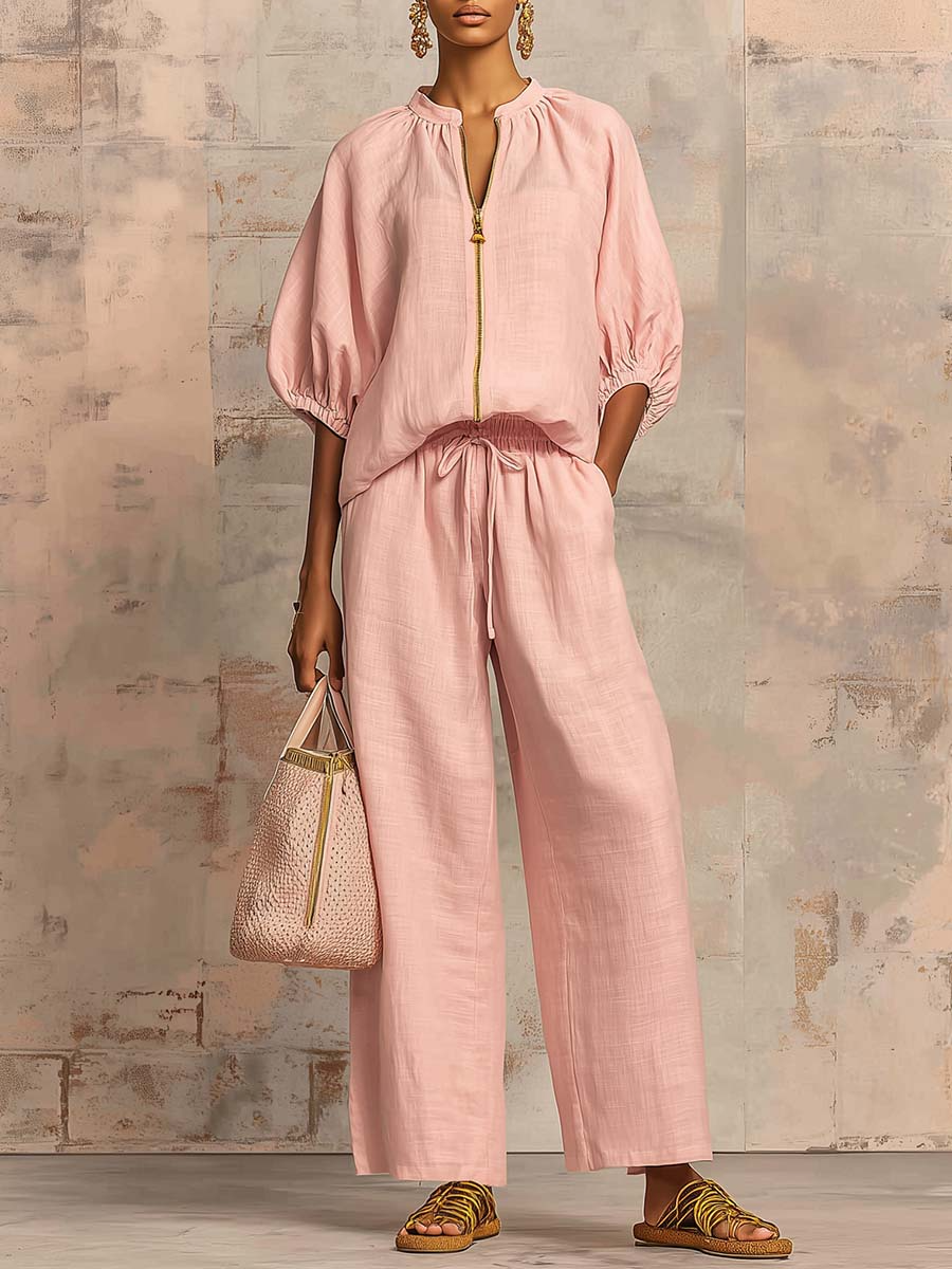 Linen Two-Piece Set Women's Wide-Leg Pants and Shirt Outfit