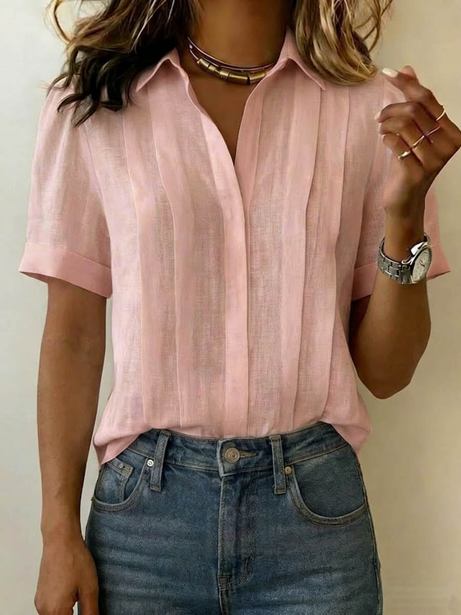 Women's Linen Blouse V Neck Short Sleeve Casual Shirt