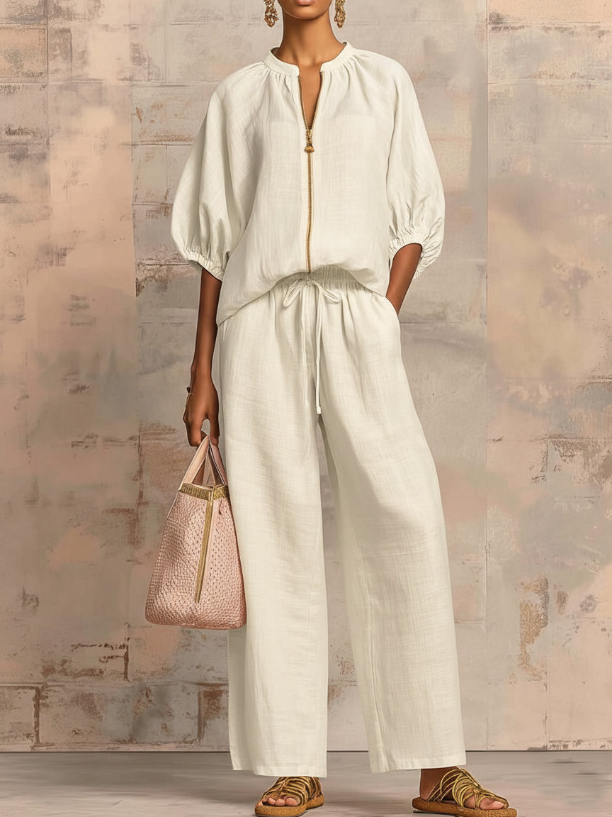 Linen Two-Piece Set Women's Wide-Leg Pants and Shirt Outfit