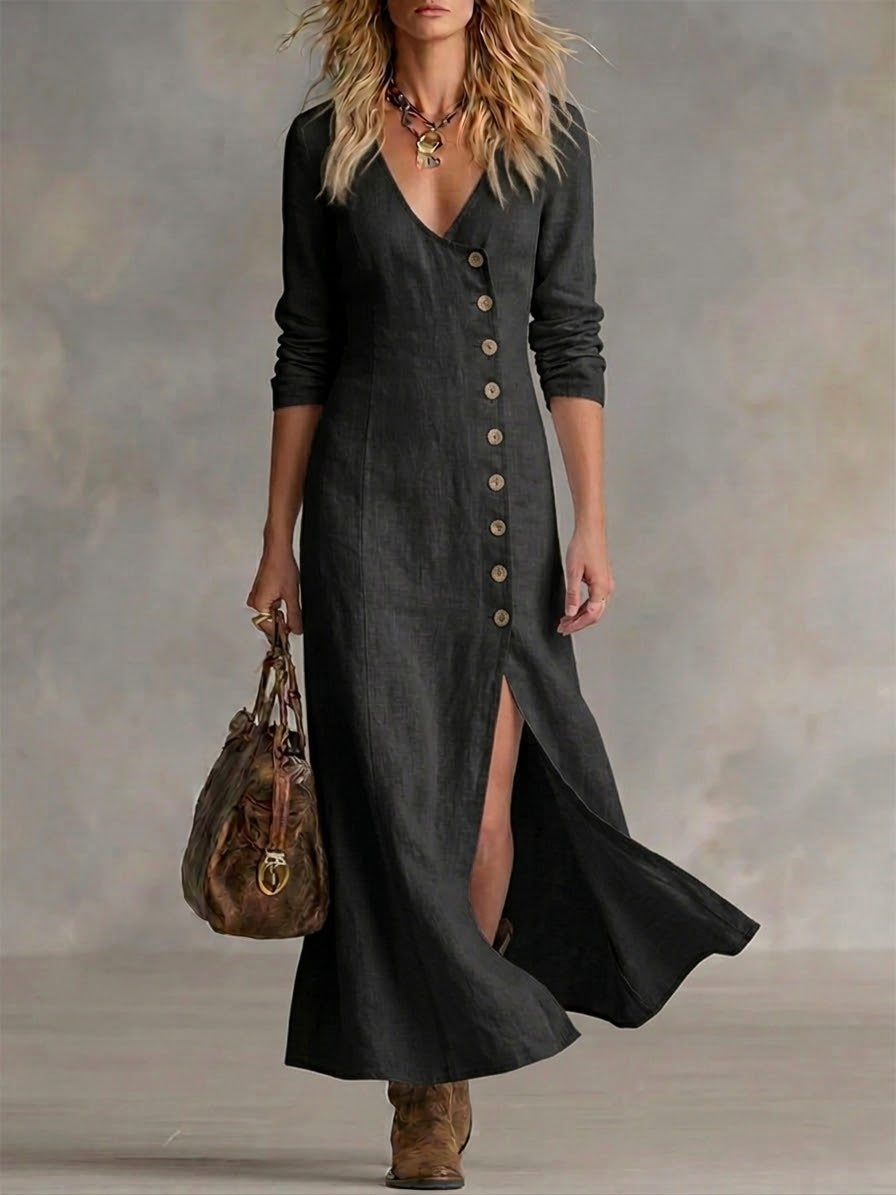 Women's Linen Blend V-Neck Split Hem Maxi Dress