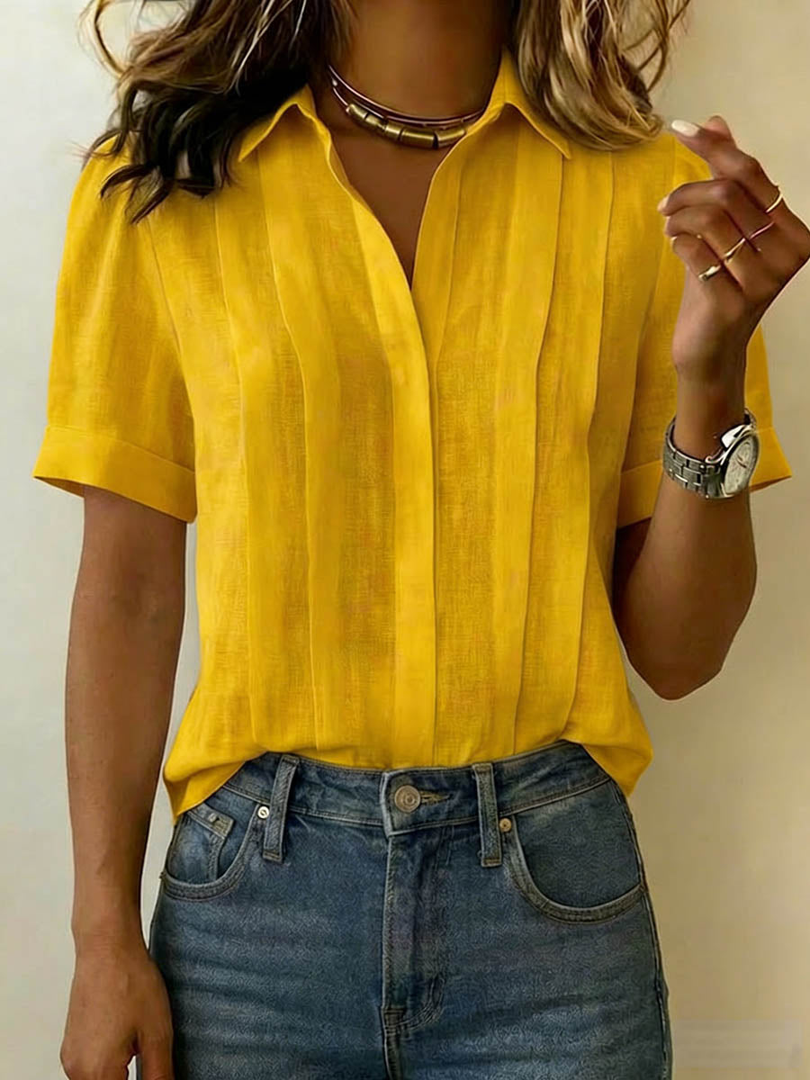 Women's Linen Blouse V Neck Short Sleeve Casual Shirt