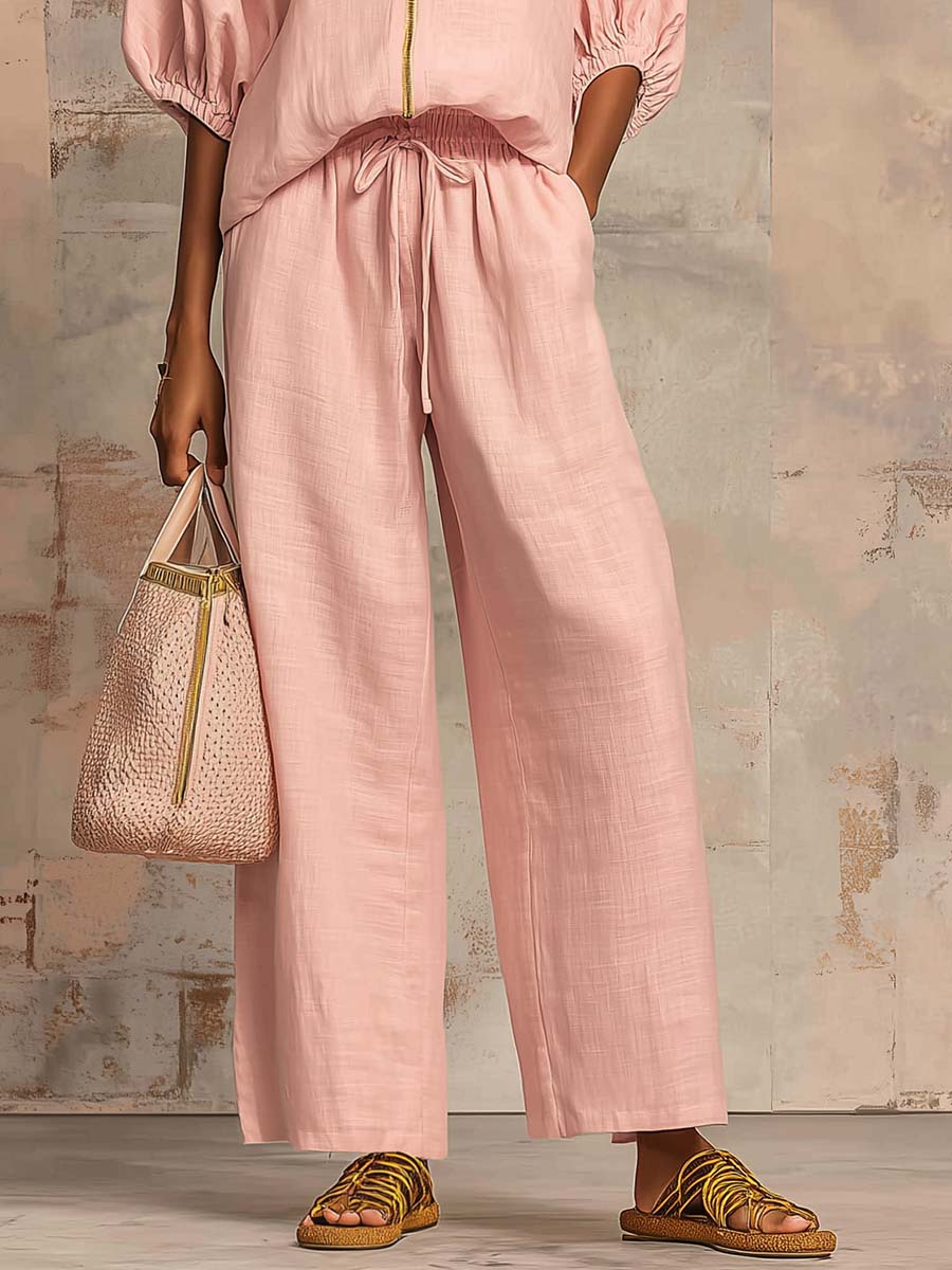 Linen Two-Piece Set Women's Wide-Leg Pants and Shirt Outfit