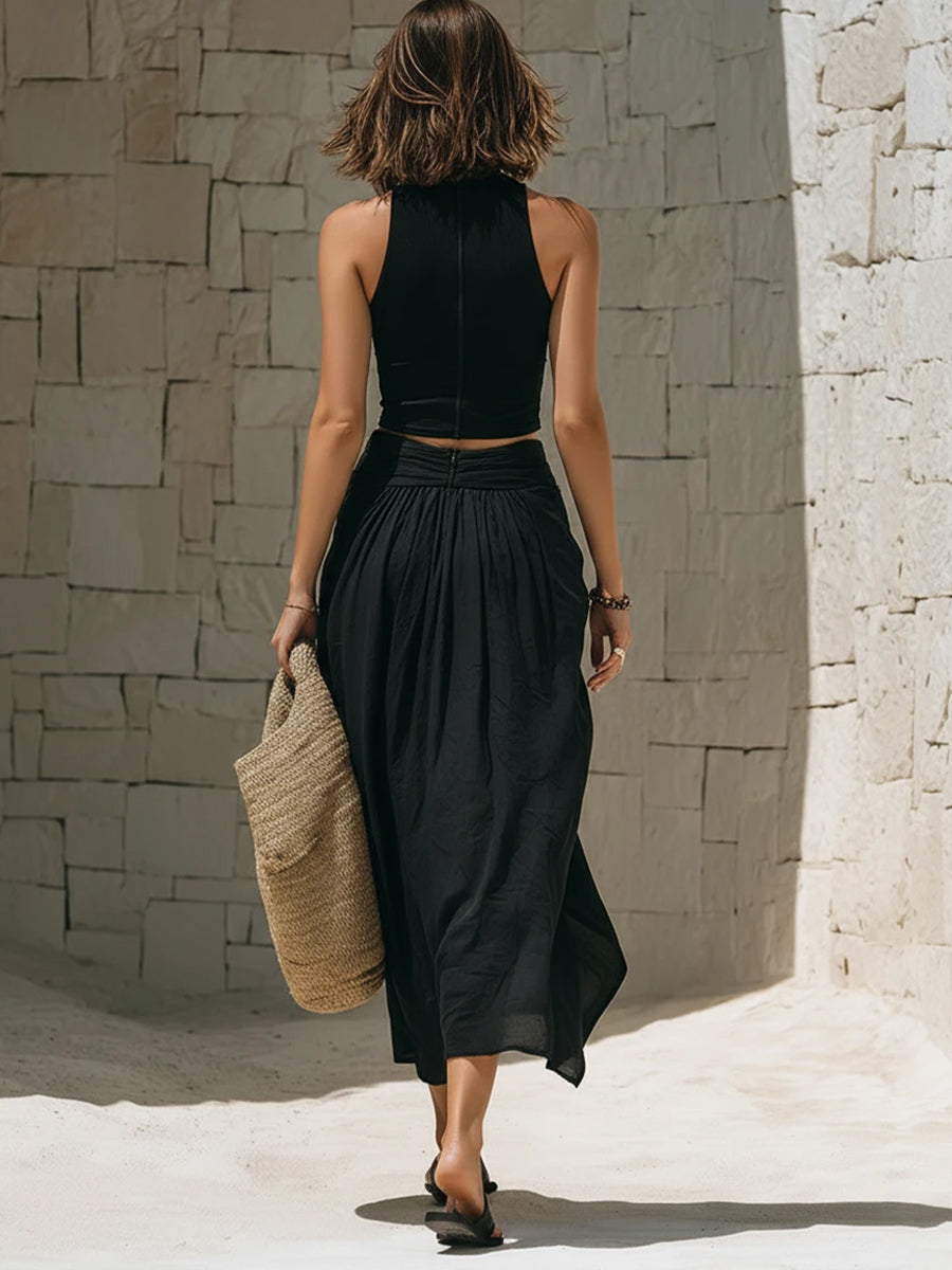 Women's Linen Blend Two Piece Crop-Top & Maxi Skirt Set