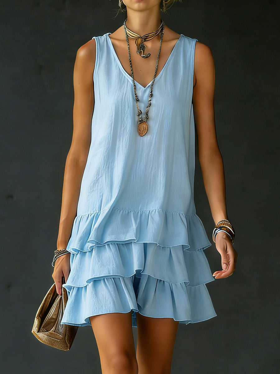 Women's Linen V-Neck Ruffle Hem Sleeveless Tunic Dress