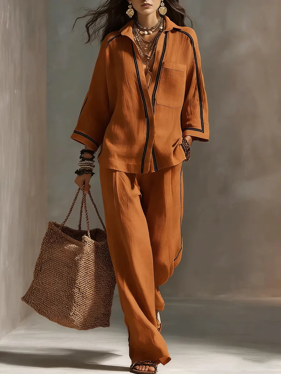 Women's Linen Blend Two Piece Button Down Shirt and Wide Leg Trousers Set