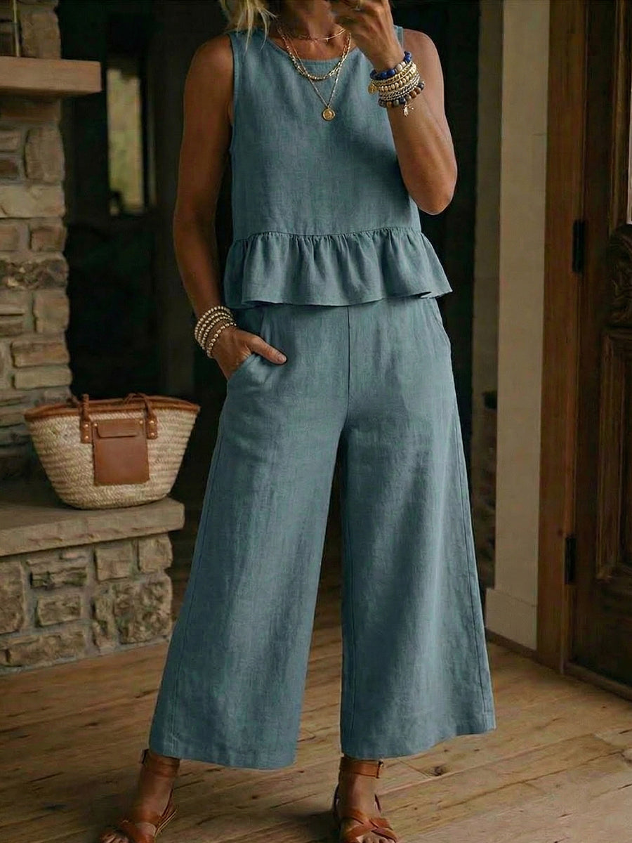 Women's Linen Two Piece Sleeveless Ruffle Top and Wide Leg Pant Set