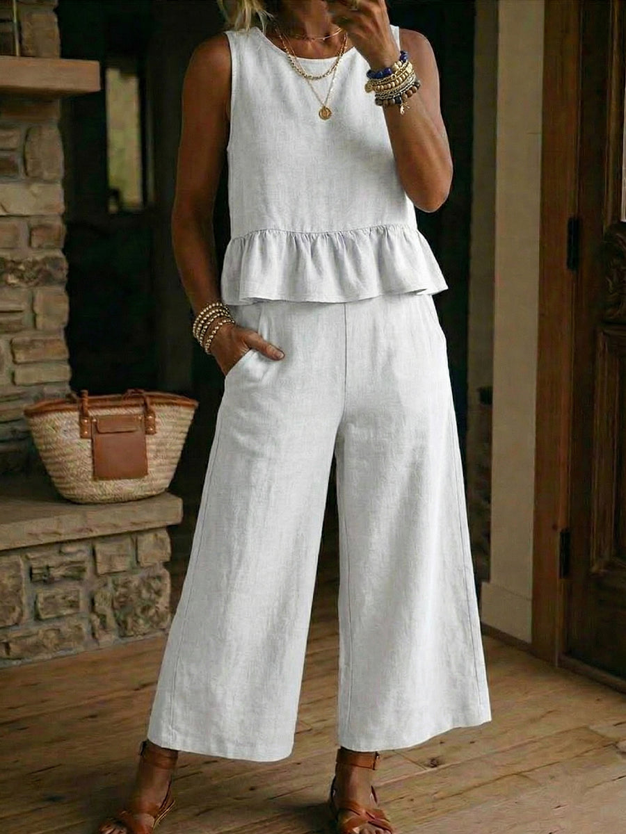 Women's Linen Two Piece Sleeveless Ruffle Top and Wide Leg Pant Set