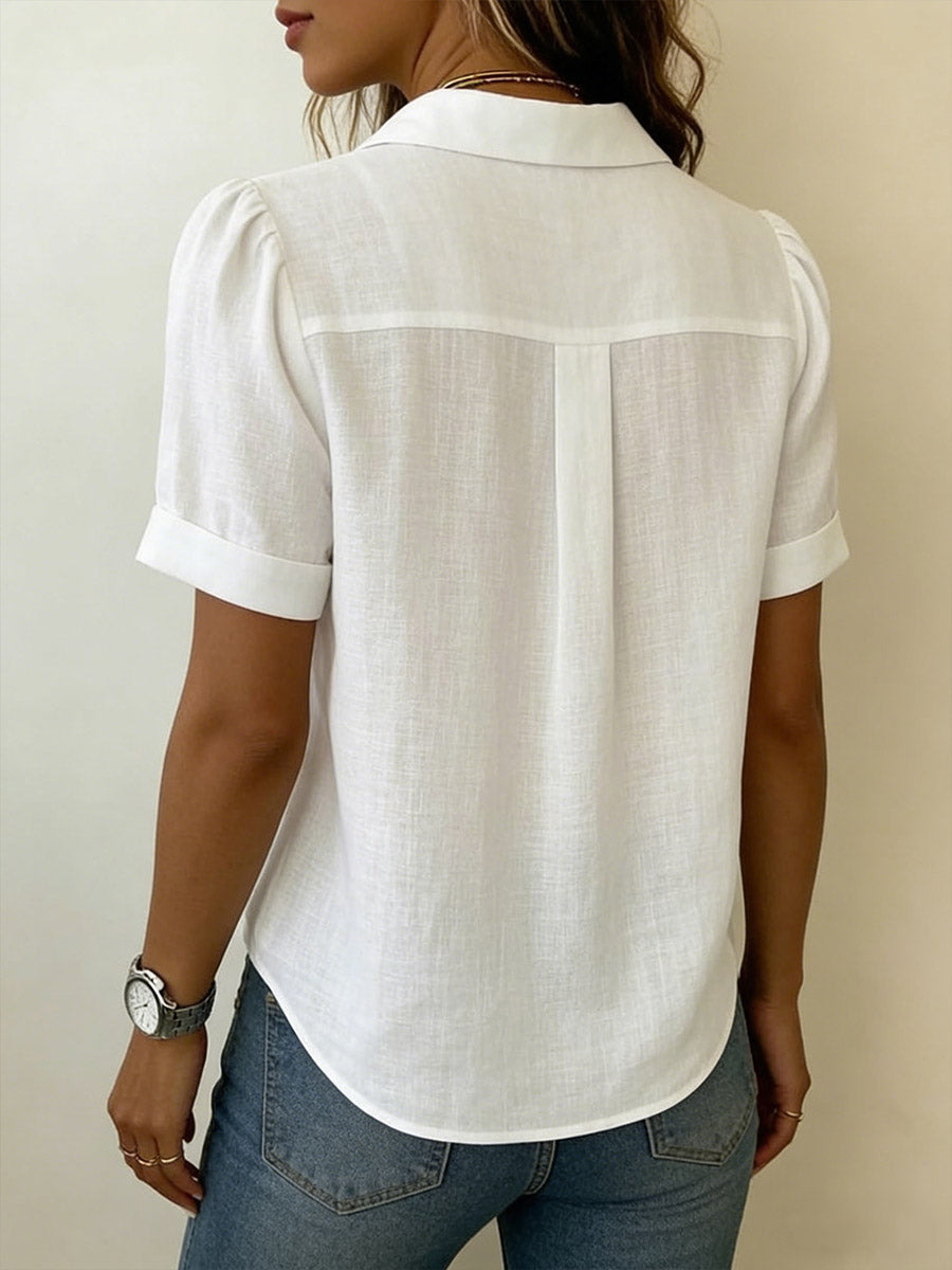 Women's Linen Blouse V Neck Short Sleeve Casual Shirt