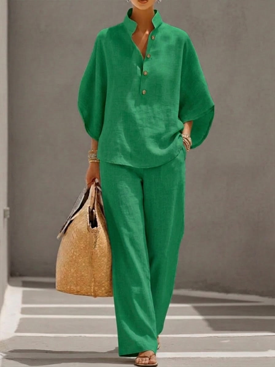 Women's Linen Two Piece Set High Waist Wide Leg Trousers and Button Top Pants Suit