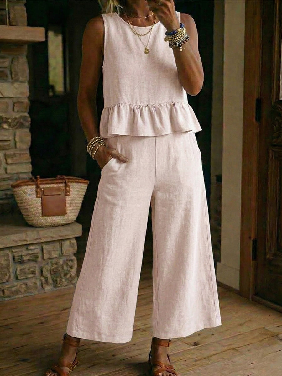 Women's Linen Two Piece Sleeveless Ruffle Top and Wide Leg Pant Set