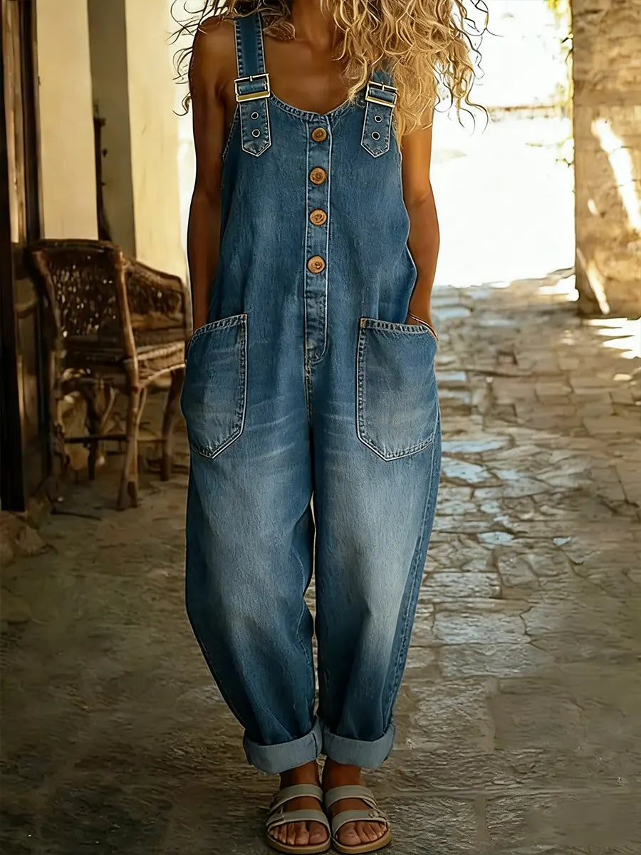 Women's Denim Jumpsuit Sleeveless Wide Leg Baggy Jean Overalls Casual Romper