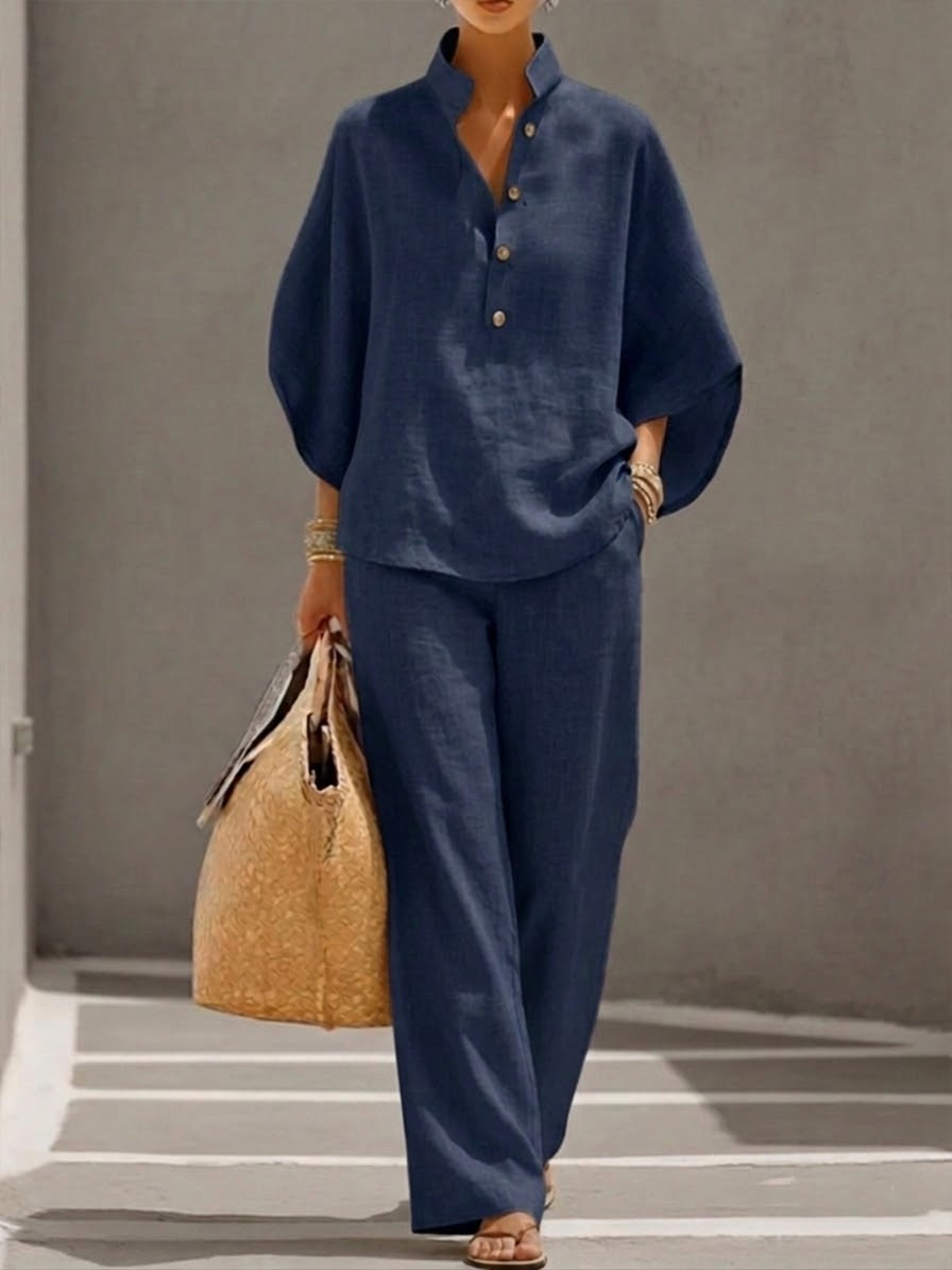 Women's Linen Two Piece Set High Waist Wide Leg Trousers and Button Top Pants Suit