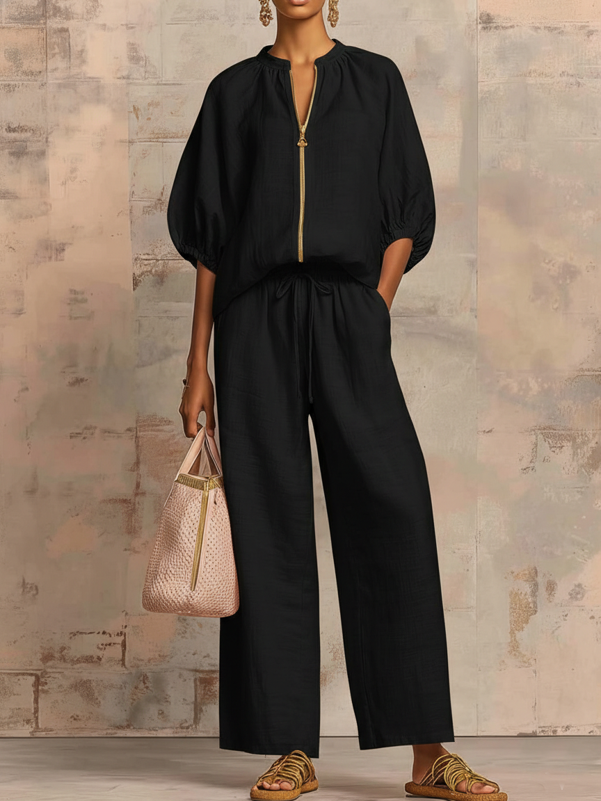 Linen Two-Piece Set Women's Wide-Leg Pants and Shirt Outfit