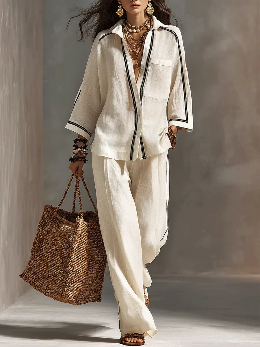 Women's Linen Blend Two Piece Button Down Shirt and Wide Leg Trousers Set