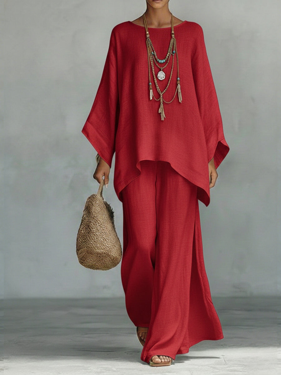 Women's Linen Two Piece Set Loose Fit Batwing Top and Wide Leg Trousers