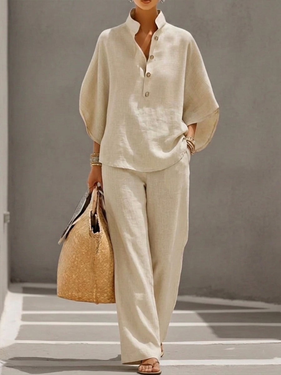 Women's Linen Two Piece Set High Waist Wide Leg Trousers and Button Top Pants Suit