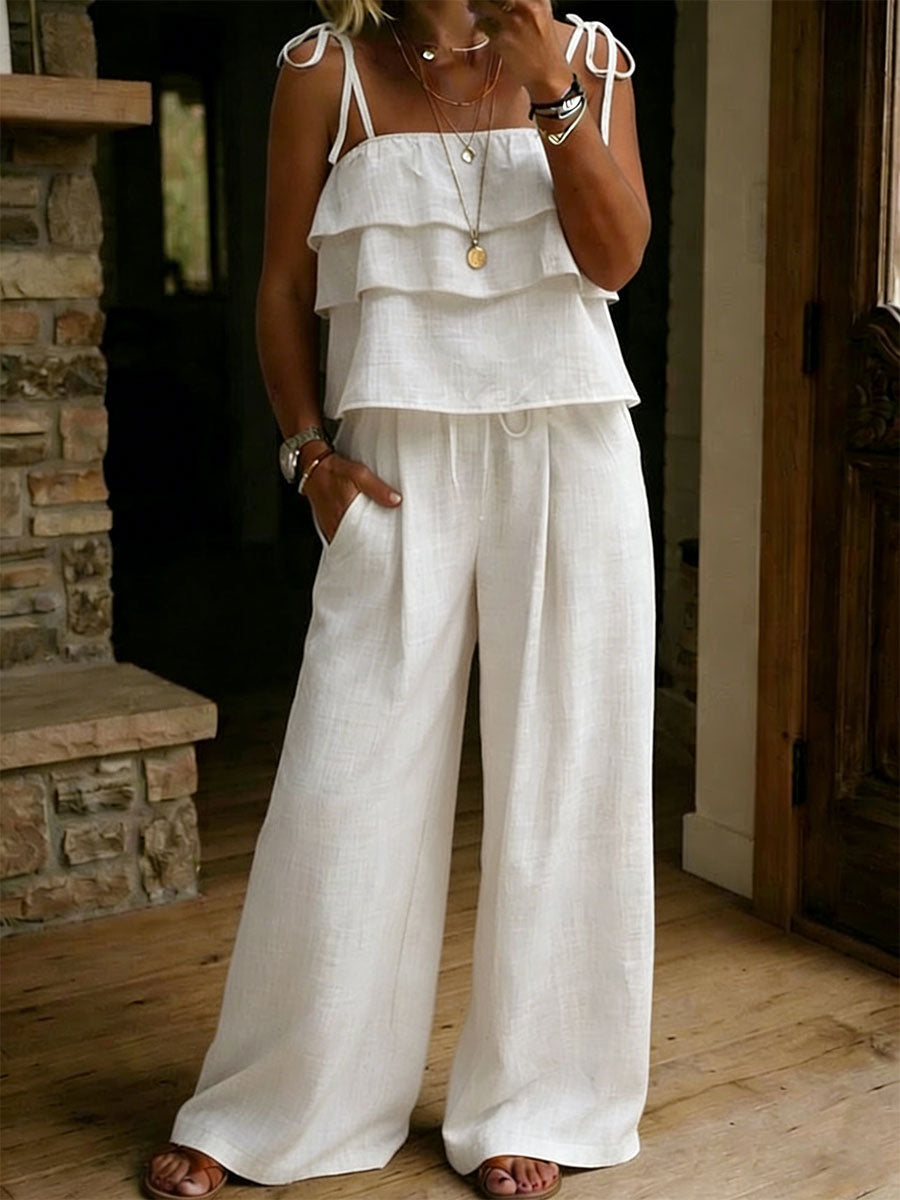 Women's Linen Two Piece Ruffle Top and Wide Leg Trousers Set