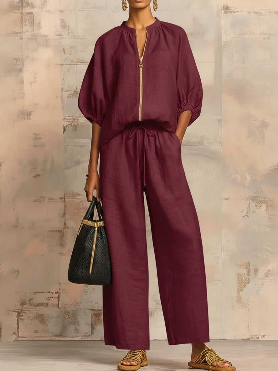 Linen Two-Piece Set Women's Wide-Leg Pants and Shirt Outfit