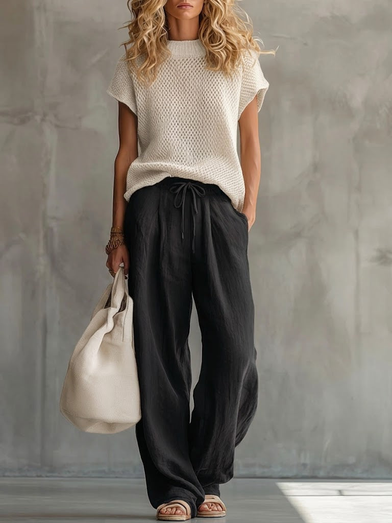 Women's Relaxed Knit Top and Wide Leg Linen Pants Set