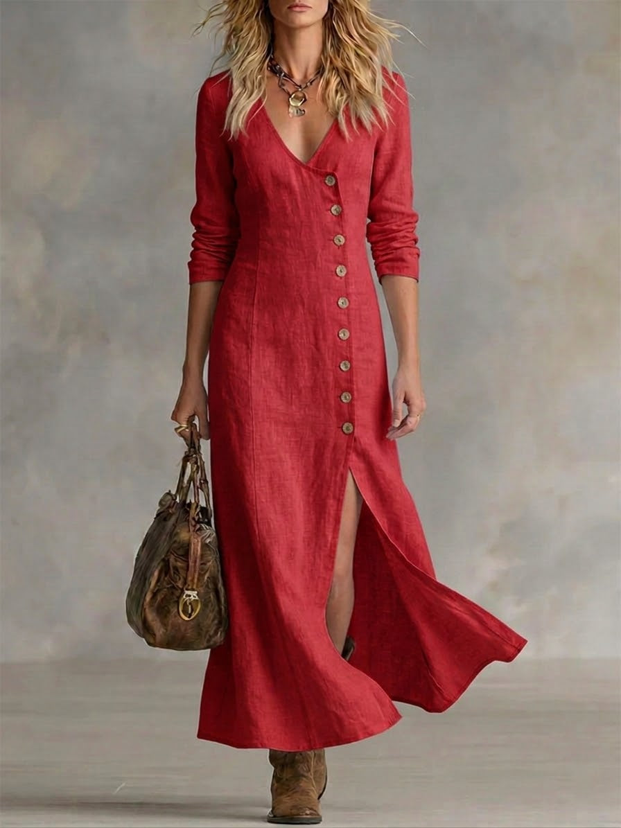 Women's Linen Blend V-Neck Split Hem Maxi Dress