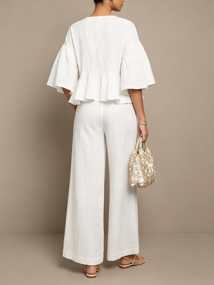 Women's Linen Two Piece Set Ruffle Sleeve Top & Wide-Leg Pants