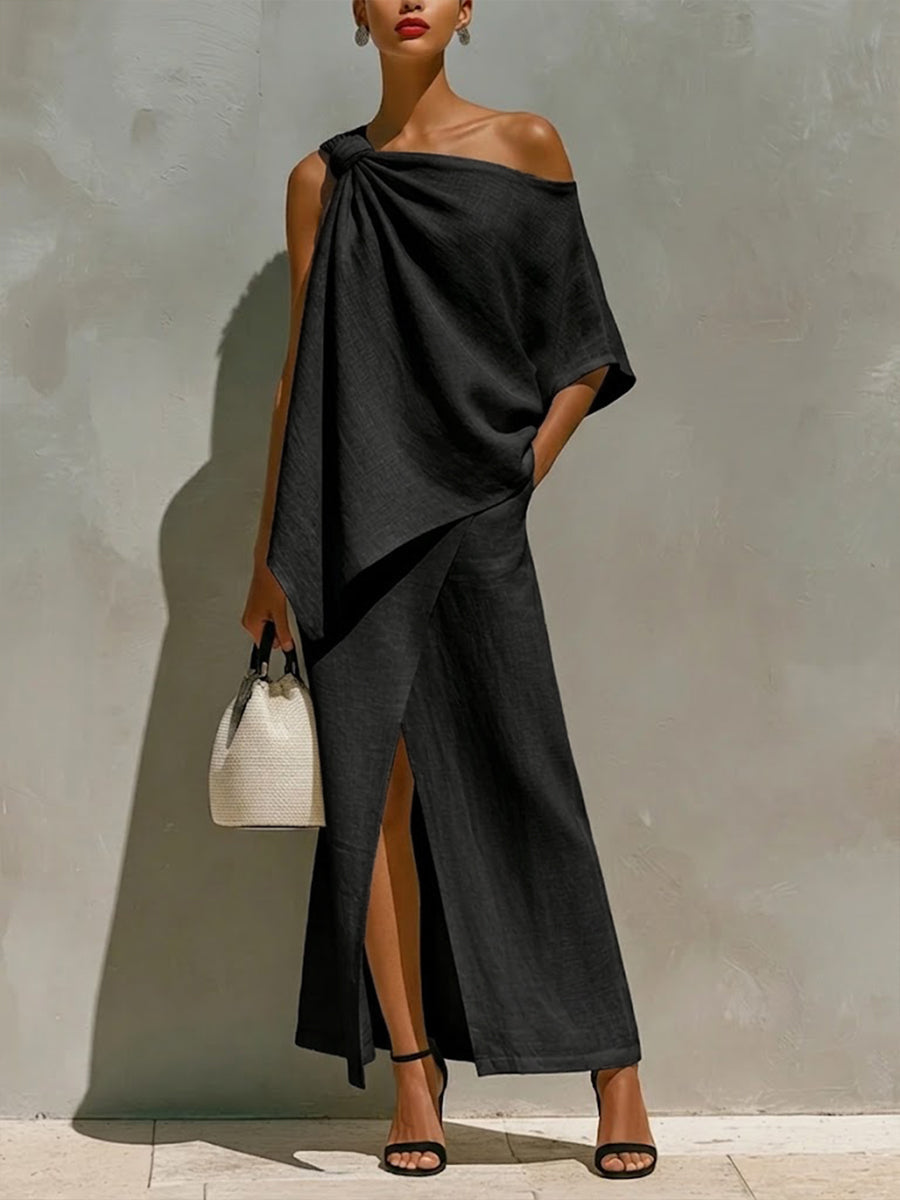 Women's One Shoulder Linen Knot Detail Maxi Skirt Set