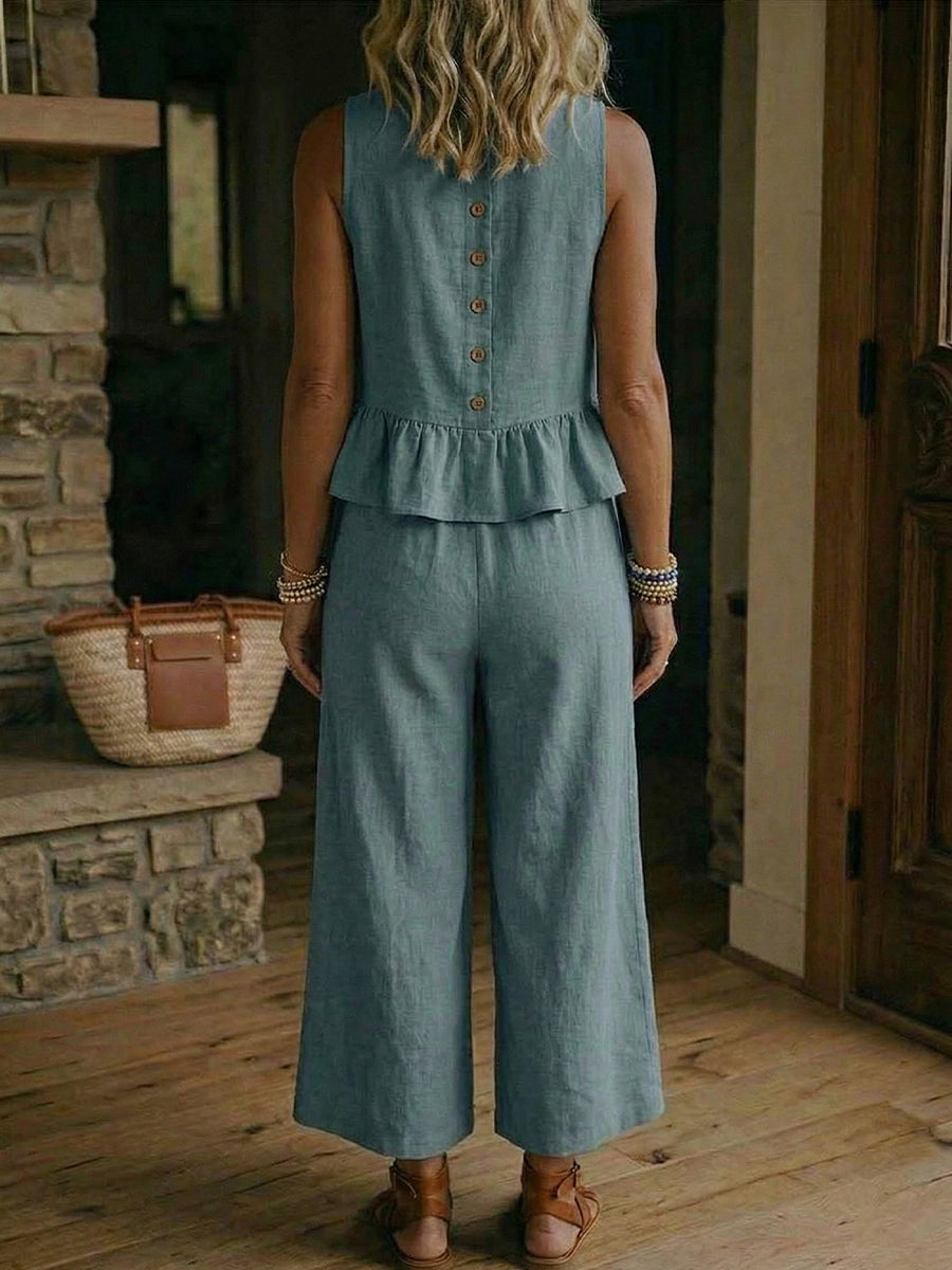 Women's Linen Two Piece Sleeveless Ruffle Top and Wide Leg Pant Set