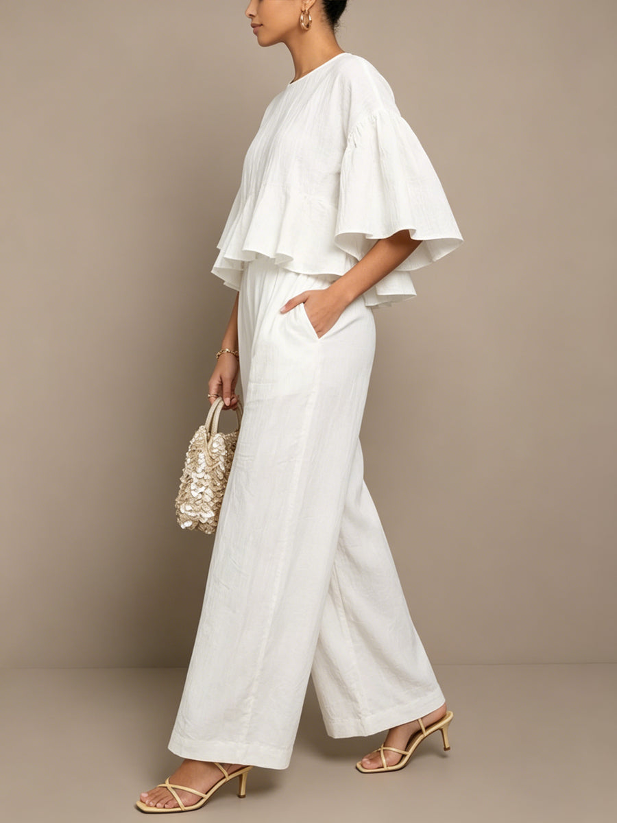 Women's Linen Two Piece Set Ruffle Sleeve Top & Wide-Leg Pants