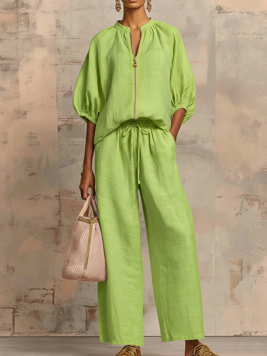 Linen Two-Piece Set Women's Wide-Leg Pants and Shirt Outfit