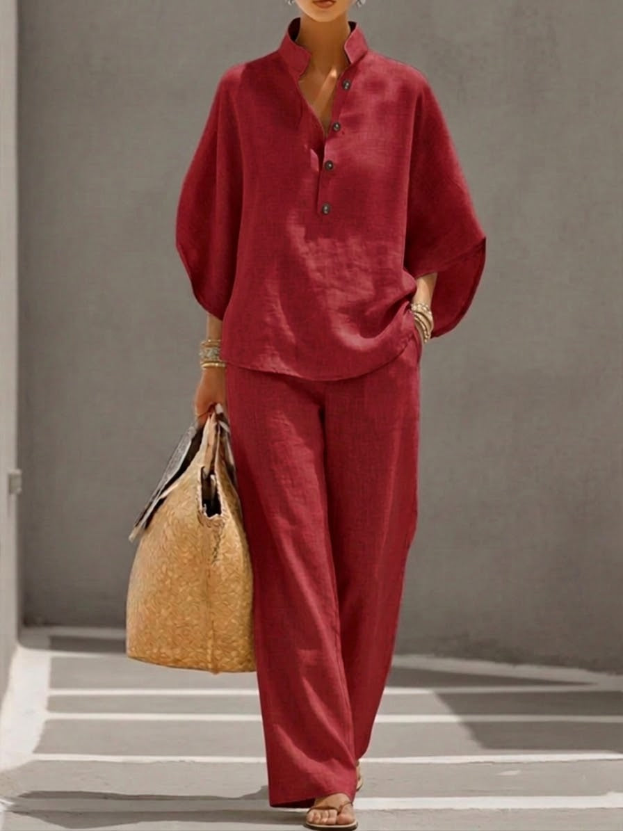 Women's Linen Two Piece Set High Waist Wide Leg Trousers and Button Top Pants Suit