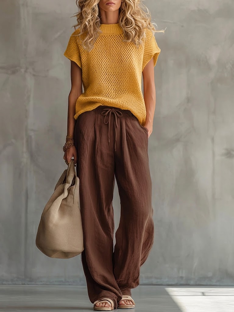 Women's Relaxed Knit Top and Wide Leg Linen Pants Set