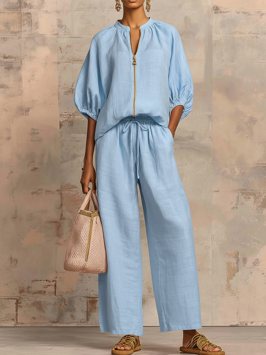 Linen Two-Piece Set Women's Wide-Leg Pants and Shirt Outfit