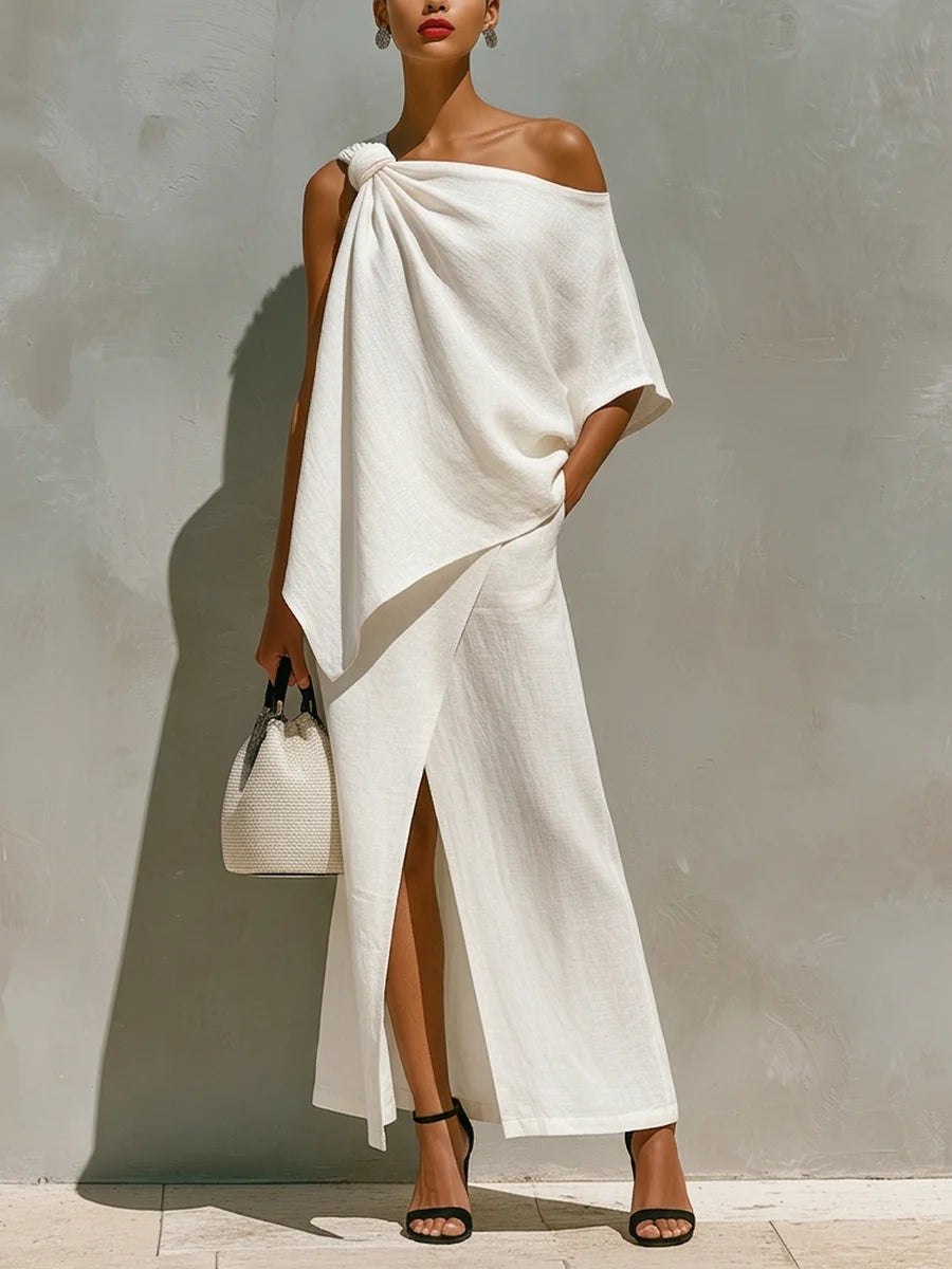 Women's One Shoulder Linen Knot Detail Maxi Skirt Set