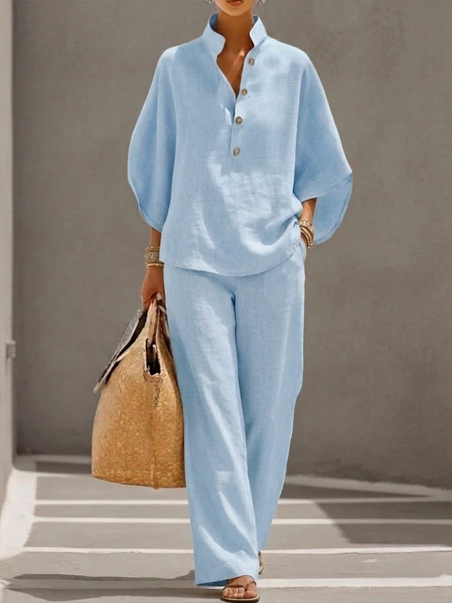 Women's Linen Two Piece Set High Waist Wide Leg Trousers and Button Top Pants Suit