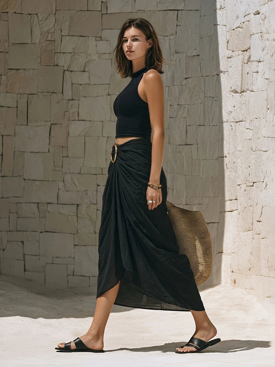 Women's Linen Blend Two Piece Crop-Top & Maxi Skirt Set