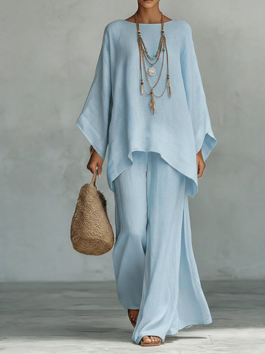 Women's Linen Two Piece Set Loose Fit Batwing Top and Wide Leg Trousers