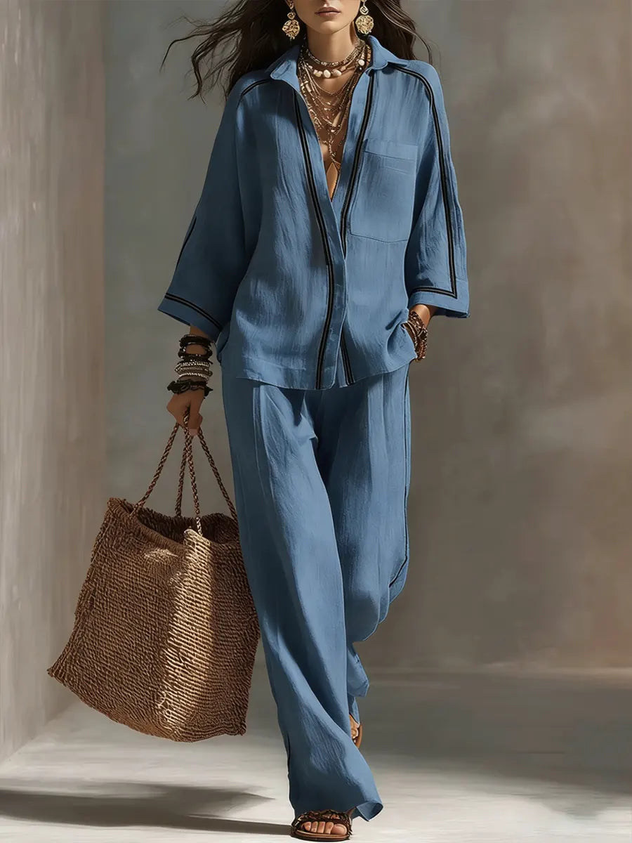 Women's Linen Blend Two Piece Button Down Shirt and Wide Leg Trousers Set